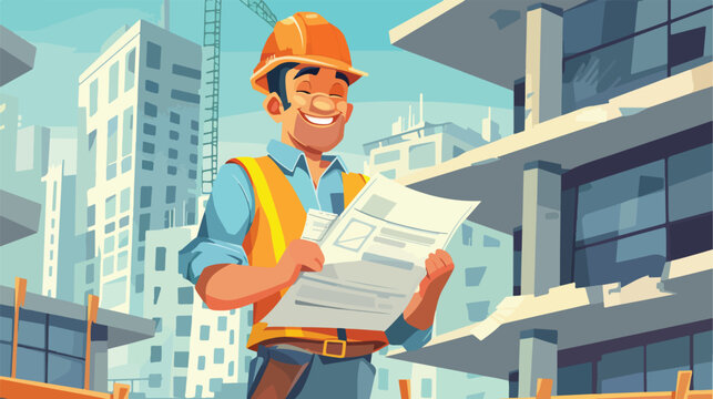 Construction worker smiling with plans cartoon isol