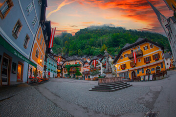 Famous Hallstatt mountain village in the Austrian Alps at sunrise, Austria