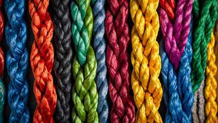 Different coloured rope that is intertwined and knotted as a team and diversity concept - obrazy, fototapety, plakaty