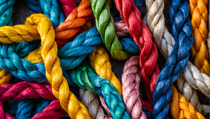 Different coloured rope that is intertwined and knotted as a team and diversity concept