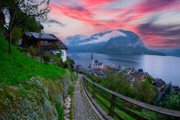 Famous Hallstatt mountain village in the Austrian Alps at sunrise, Austria