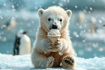 White cub polar bear eating ice cream. AI Generative