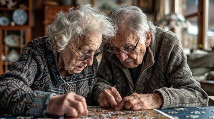 Elderly people put together a puzzle.  Generative AI
