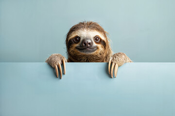 Naklejka premium Cute sloth with paws over white sign. AI Generative