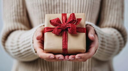 Female hands holding out a gift box.  Generative AI