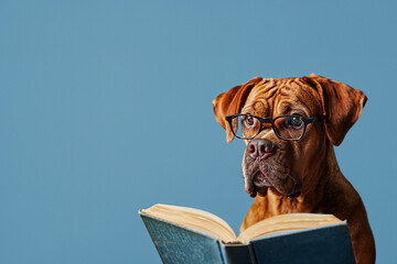 A dog with glasses reads a book. Blue background, copy space. AI Generative