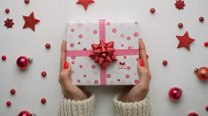 Female hands holding out a Christmas gift box.  Generative AI