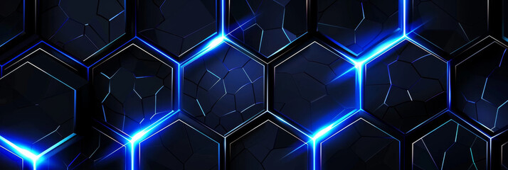 Futuristic Black Hexagonal Pattern with Blue Neon Lighting