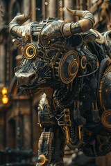 A steampunk labyrinth houses a Minotaur, its form augmented by hitech enhancements, presenting a monstrous fusion of past and future tech 