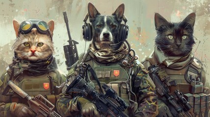 Animals dressed in military gear with weapons - Animal commando team geared up for a covert mission, canine and feline soldiers with firearms and tactical equipment - obrazy, fototapety, plakaty
