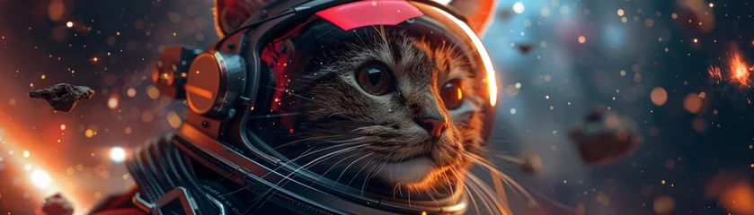 Fotobehang A galaxy expedition led by a cyber cat with a coffee flask, stars reflecting in its visor © Expert Mind