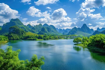 Majestic karst mountains over a calm lake - Stunning landscape of karst mountains towering over a peaceful lake with vibrant green foliage under a clear blue sky - obrazy, fototapety, plakaty