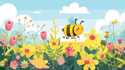Fototapeta na wymiar Cute bee in a flower field flat cartoon vactor illustration