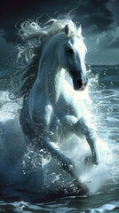 Majestic white horse galloping in the ocean - Mystic image of a white horse with flowing mane galloping powerfully through ocean waters under stormy skies
