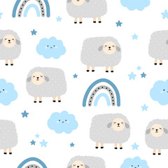 Seamless pattern with cute lamb and weather, cloud, rainbow, star for your fabric, children textile, apparel, nursery decoration, gift wrap paper. Vector illustration