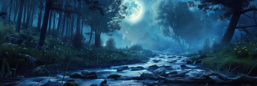 Mystical moonlit forest with a small stream - Enchanting digital artwork of a moonlit forest scene with a sparkling stream, capturing a magical and serene ambience