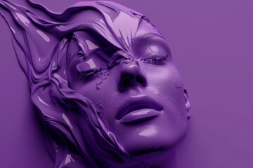 A woman's face is painted purple and has a lot of paint on it. The painting is abstract and has a dreamy, surreal quality to it