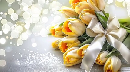 Bouquet of Yellow Tulips With White Bow
