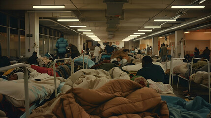 A homeless shelter overcrowded with people seeking refuge - obrazy, fototapety, plakaty