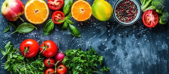 Various colorful and fresh fruits and vegetables spread out on a table, showcasing a nutritious selection for better eyesight and overall health. - obrazy, fototapety, plakaty
