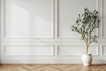 Fototapeta na wymiar White classic wall background, brown parquet floor, home furniture detail, frame and vase of plant - generative ai
