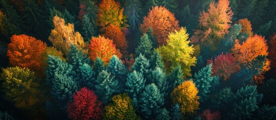 An aerial view of a lush forest filled with a dense array of autumn trees creating a vibrant canopy. - obrazy, fototapety, plakaty
