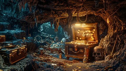 Treasure cave, chest of gold.