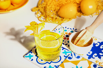 Cool fresh lemonade with lemons fruit. Summer detox refreshing drink water.