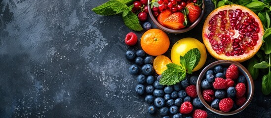 A variety of fresh fruits and vegetables are displayed on top of a table, showcasing a nutritious...