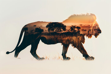 Silhouette of a lion combined with a photograph of a savannah on an isolated background