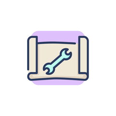 Repairing paper plan thin line icon. Wrench, document, service outline sign. Repair and maintenance concept. Vector illustration symbol element for web design and apps