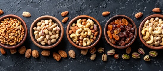 A row of bowls filled with different types of nuts, including pecans and pistachios, set against a plain background.