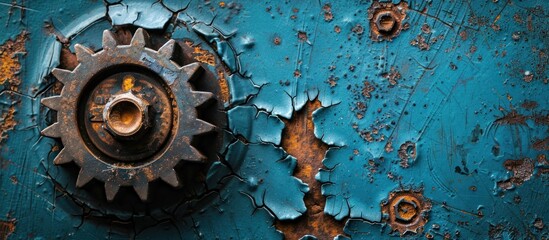 Close-up shot of a weathered metal gear attached to a vibrant blue. The rust and decay on the gear contrast sharply with the doors bright color.