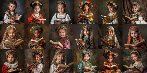 Collage of portraits of girls dressed in national costumes of different countries, each holding an open book. Children of different nationalities reading fairy tales of their country. Generated AI