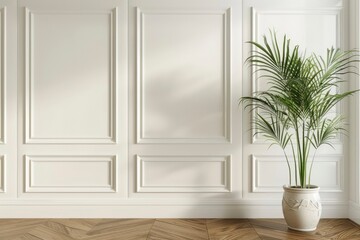 White classic wall background, brown parquet floor, home furniture detail, frame and vase of plant - generative ai - obrazy, fototapety, plakaty
