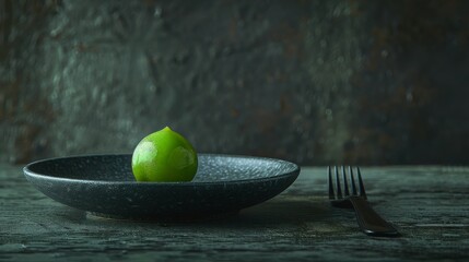 Green Apple in Black Bowl Next to Fork