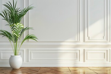 White classic wall background, brown parquet floor, home furniture detail, frame and vase of plant - generative ai - obrazy, fototapety, plakaty