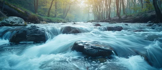 Fotobehang A river meandering through a dense, green forest, with rocks peeking through the flowing water, creating a serene nature scene. © FryArt Studio