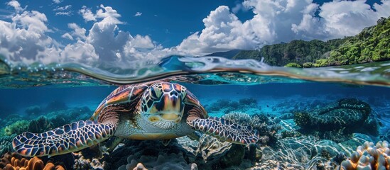 A hawksbill turtle gracefully swims over a vibrant coral reef, showcasing the diverse marine life in the area. - obrazy, fototapety, plakaty