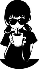 simple black graphic drawing of a girl drinking coffee without background, isolated element
