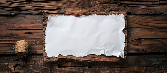 A white piece of paper taped securely to a textured wooden wall. - obrazy, fototapety, plakaty