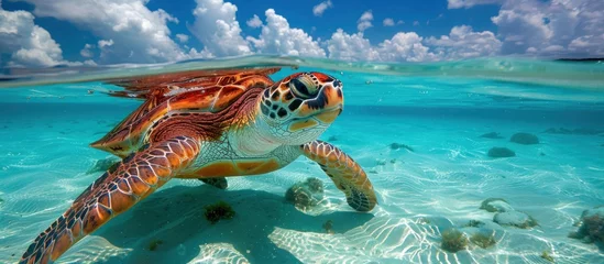 Poster A sea turtle gracefully swims in the clear ocean waters under the bright sun on a beautiful day. © FryArt Studio