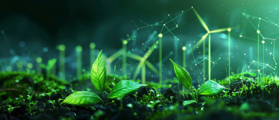 Fototapeta na wymiar Clean energy investment trends, green tech arrows soaring on a clean dark base