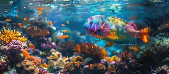 A vibrant parrotfish, known for eating algae off coral reefs, swims gracefully in crystal-clear water. - obrazy, fototapety, plakaty