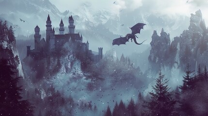 Fantasy mountain landscape, castle in the mountains, flying dragon.
