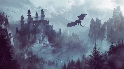 Papier Peint photo Aubergine Fantasy mountain landscape, castle in the mountains, flying dragon.