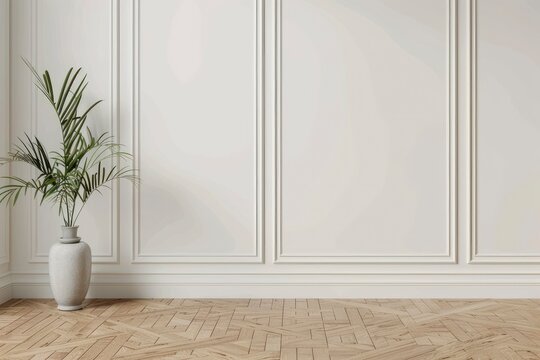 Fototapeta White classic wall background, brown parquet floor, home furniture detail, frame and vase of plant - generative ai