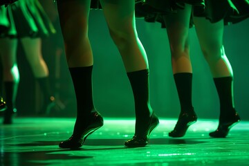 Irish dancers legs in motion, traditional folk dance performance, green stage lighting, St....
