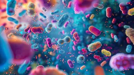 Colorful portrayal of the gut microbiome’s interaction with immune cells - obrazy, fototapety, plakaty