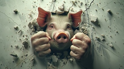 Curious Pig Peeking Through Hole in Wall - obrazy, fototapety, plakaty